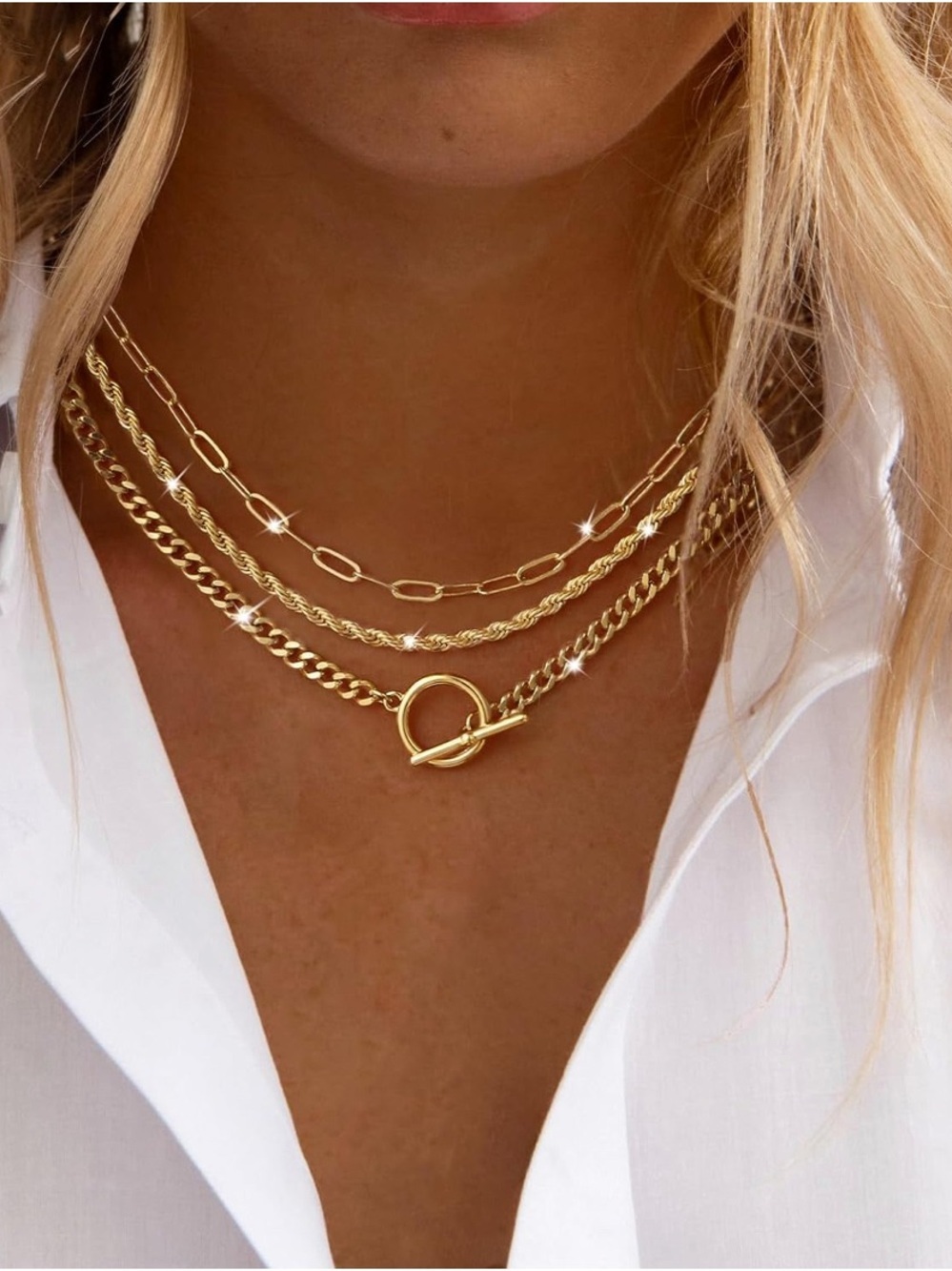 14K Gold Plated Layered Stack Toggle Necklaces